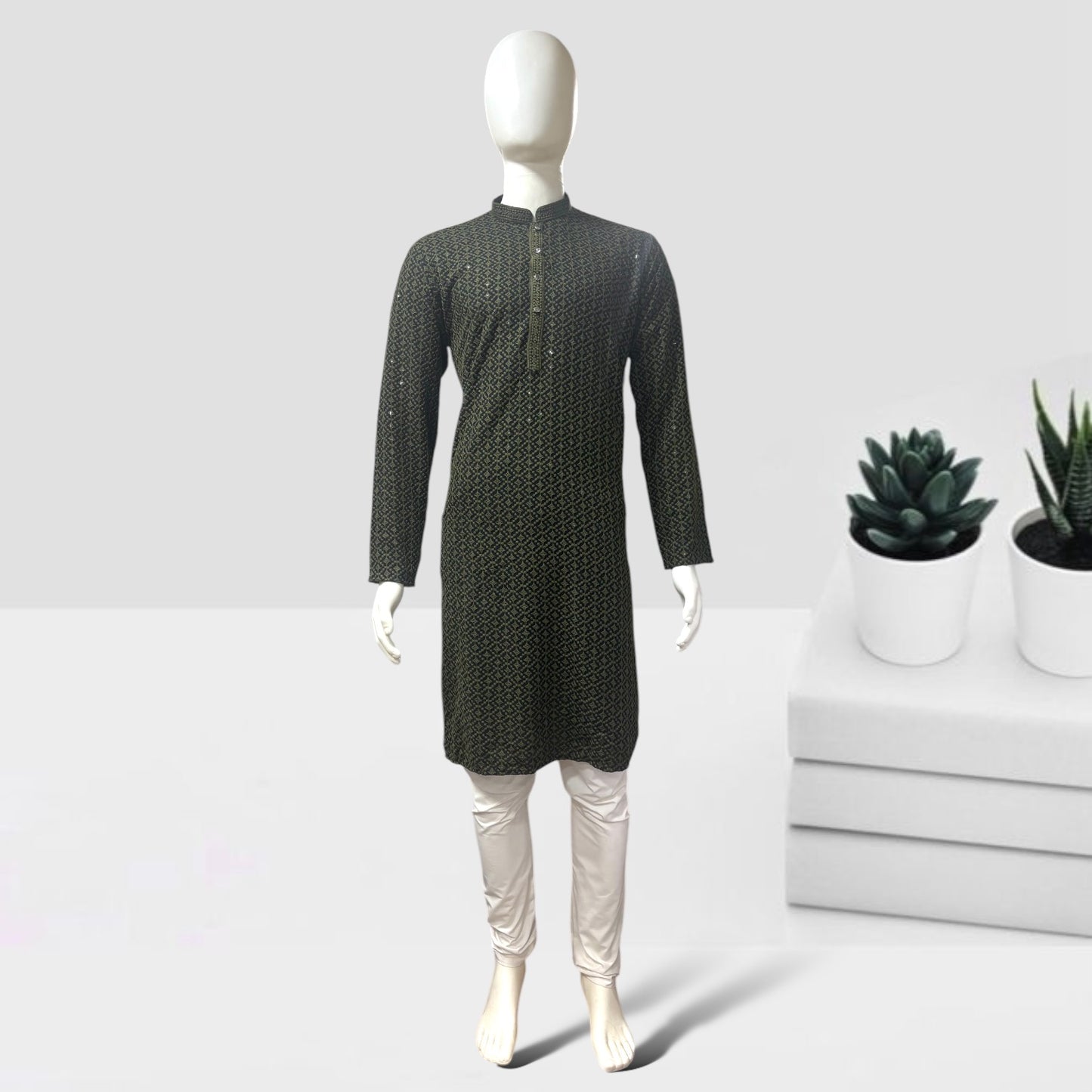 "Jairaj" Premium black rayon kurta with contrast thread work.