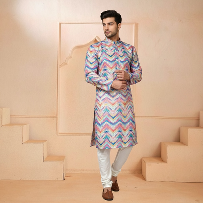"Vihaan" Printed kurta with thread and sequins embroidery.
