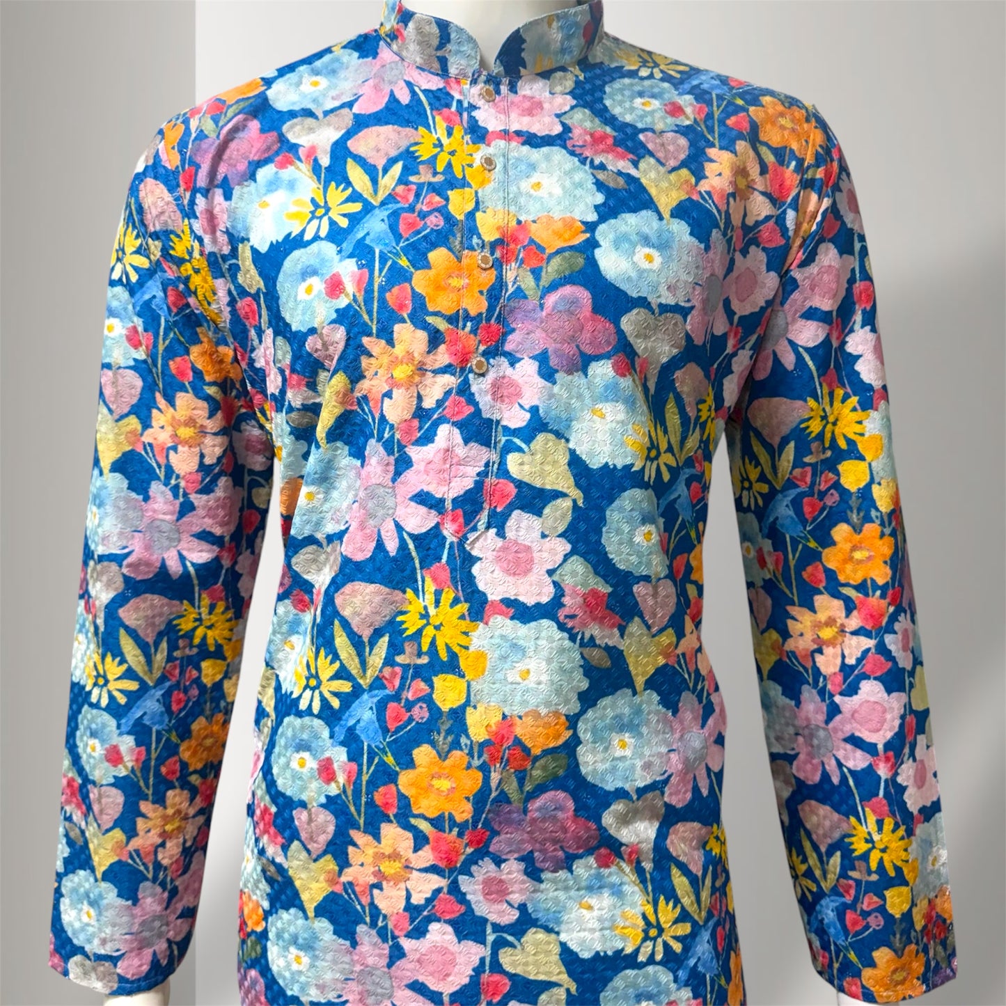 "Dev" Blue Floral Embroidered Cotton Kurta for Men with Thread & Sequins Work