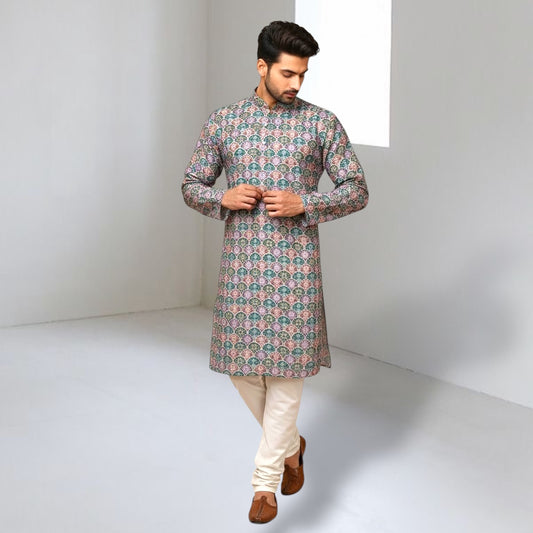"Veer" Premium digital printed kurta with thread and sequins embroidery.