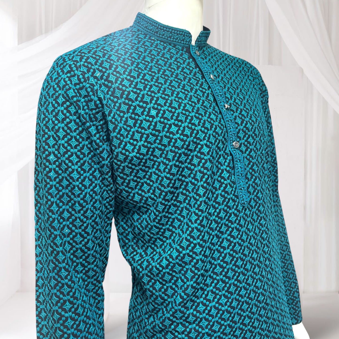 "Jairaj" Premium black rayon kurta with contrast thread work.