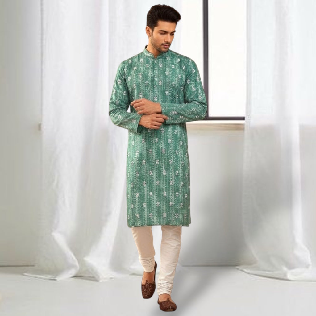 "Jash" Premium digital printed kurta with white thread embroidery butti and lining.