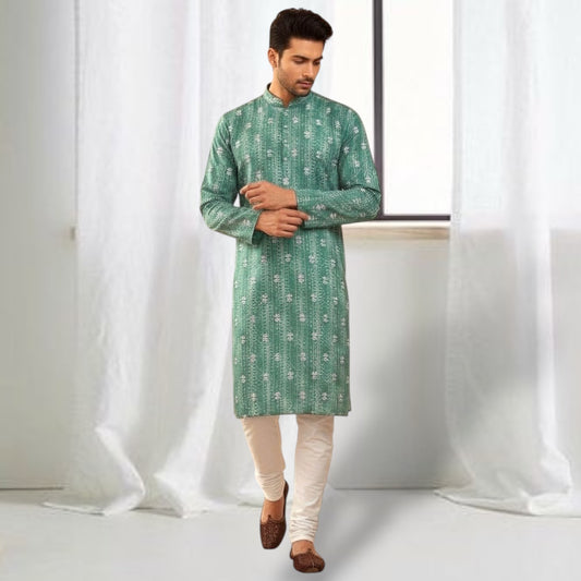 "Jash" Premium digital printed kurta with white thread embroidery butti and lining.