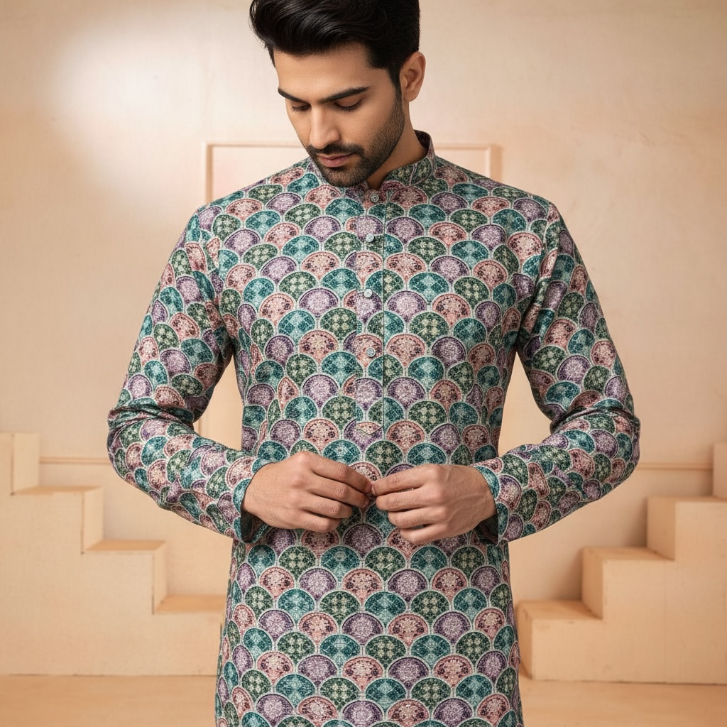"Veer" Premium digital printed kurta with thread and sequins embroidery.