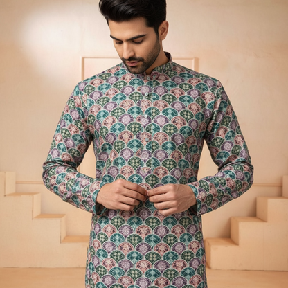 "Veer" Premium digital printed kurta with thread and sequins embroidery.