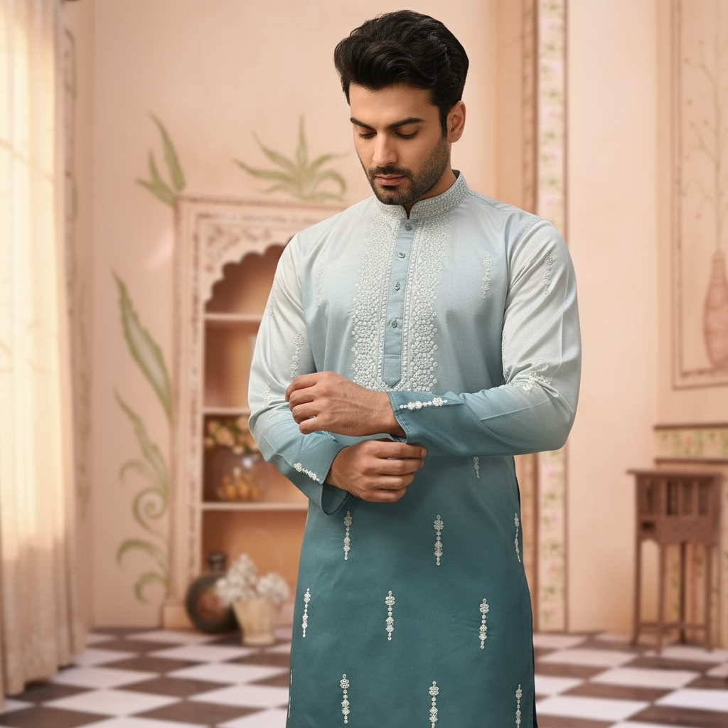 "Tanmay"  Premium shaded cotton silk kurta with beautiful embroidery and lining.