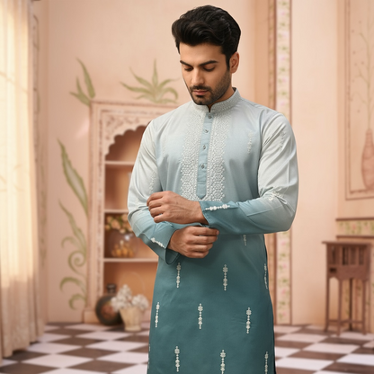 "Tanmay"  Premium shaded cotton silk kurta with beautiful embroidery and lining.