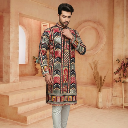 "Akshay" Premium digital printed kurta with thread embroidery.