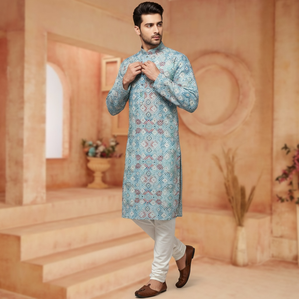 "Naksh" Premium digital printed cotton kurta with thread and sequins embroidery.