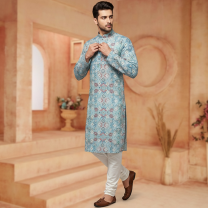 "Naksh" Premium digital printed cotton kurta with thread and sequins embroidery.