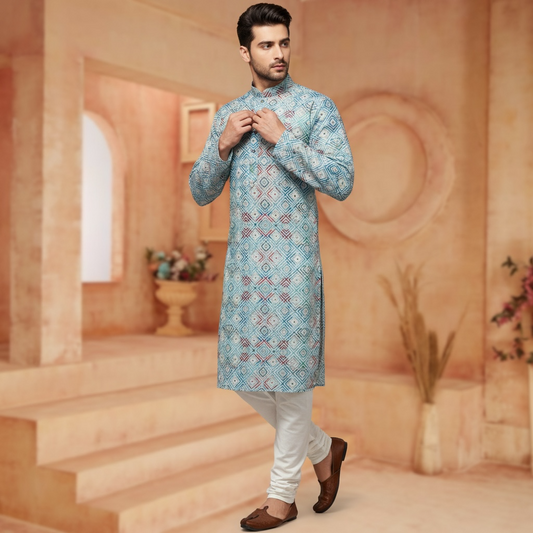 "Naksh" Premium digital printed cotton kurta with thread and sequins embroidery.