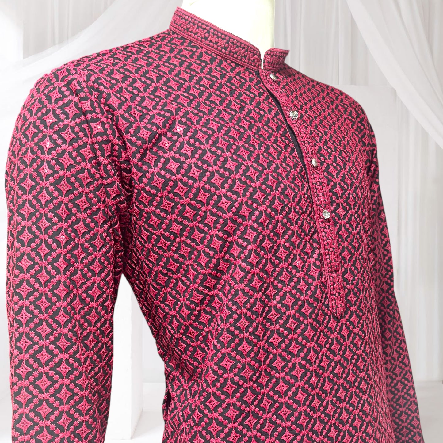 "Jairaj" Premium black rayon kurta with contrast thread work.