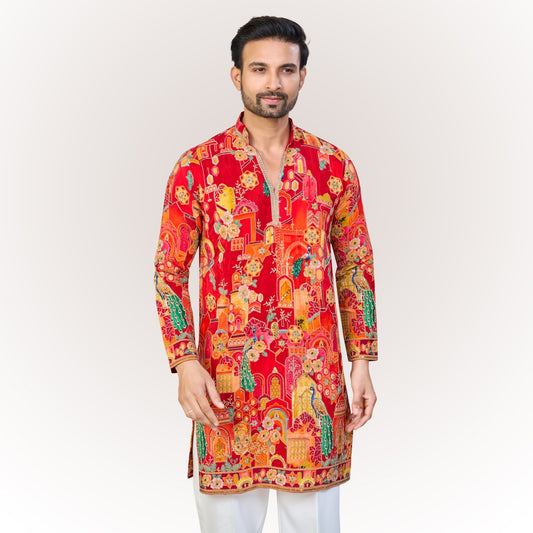 "Vivansh" Premium position printed v neck short kurta with embroidery and lace.(wide pants included)