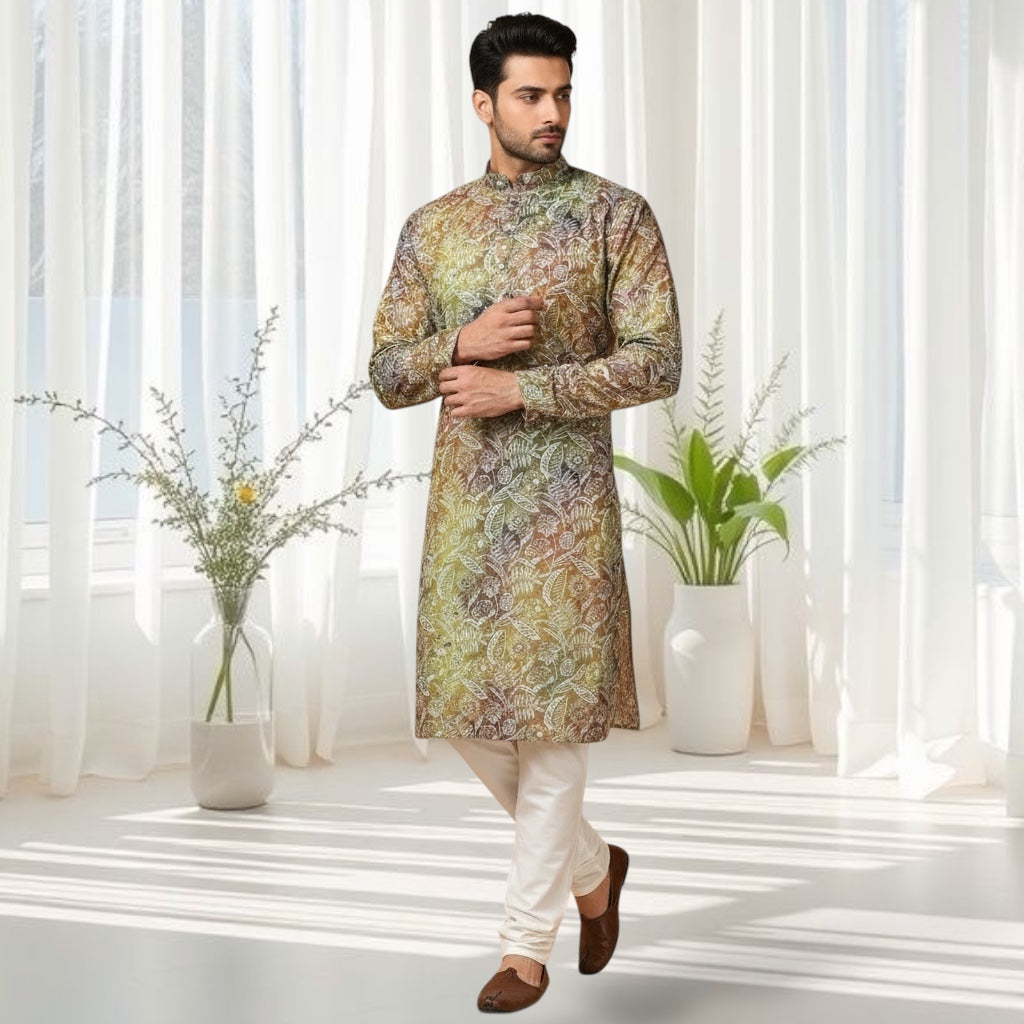 Green Flora-Embroidered Printed Kurta