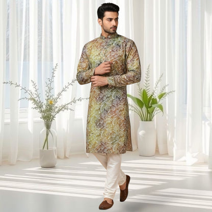 Green Flora-Embroidered Printed Kurta