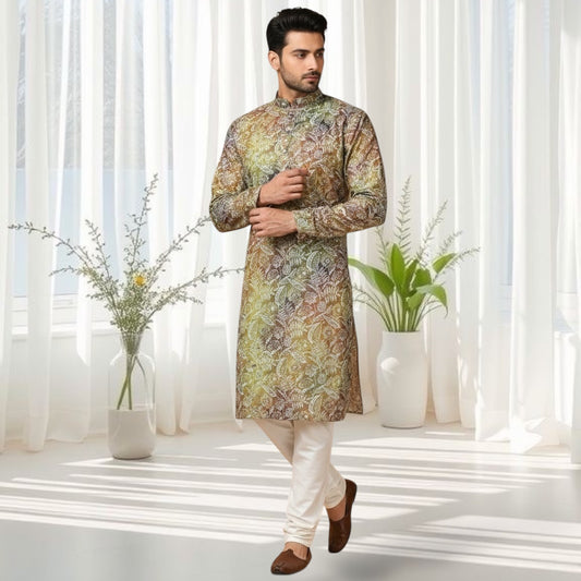 Green Flora-Embroidered Printed Kurta
