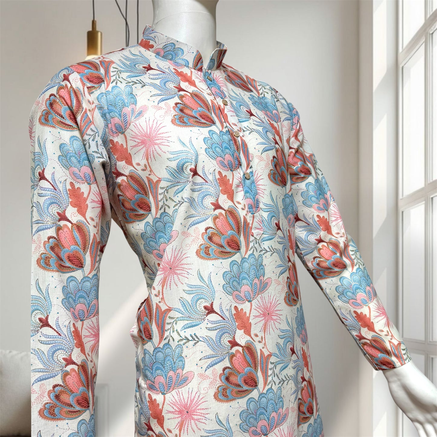 "Kavish" Premium floral digital and foil printed linen kurta.