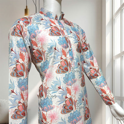 "Kavish" Premium floral digital and foil printed linen kurta.