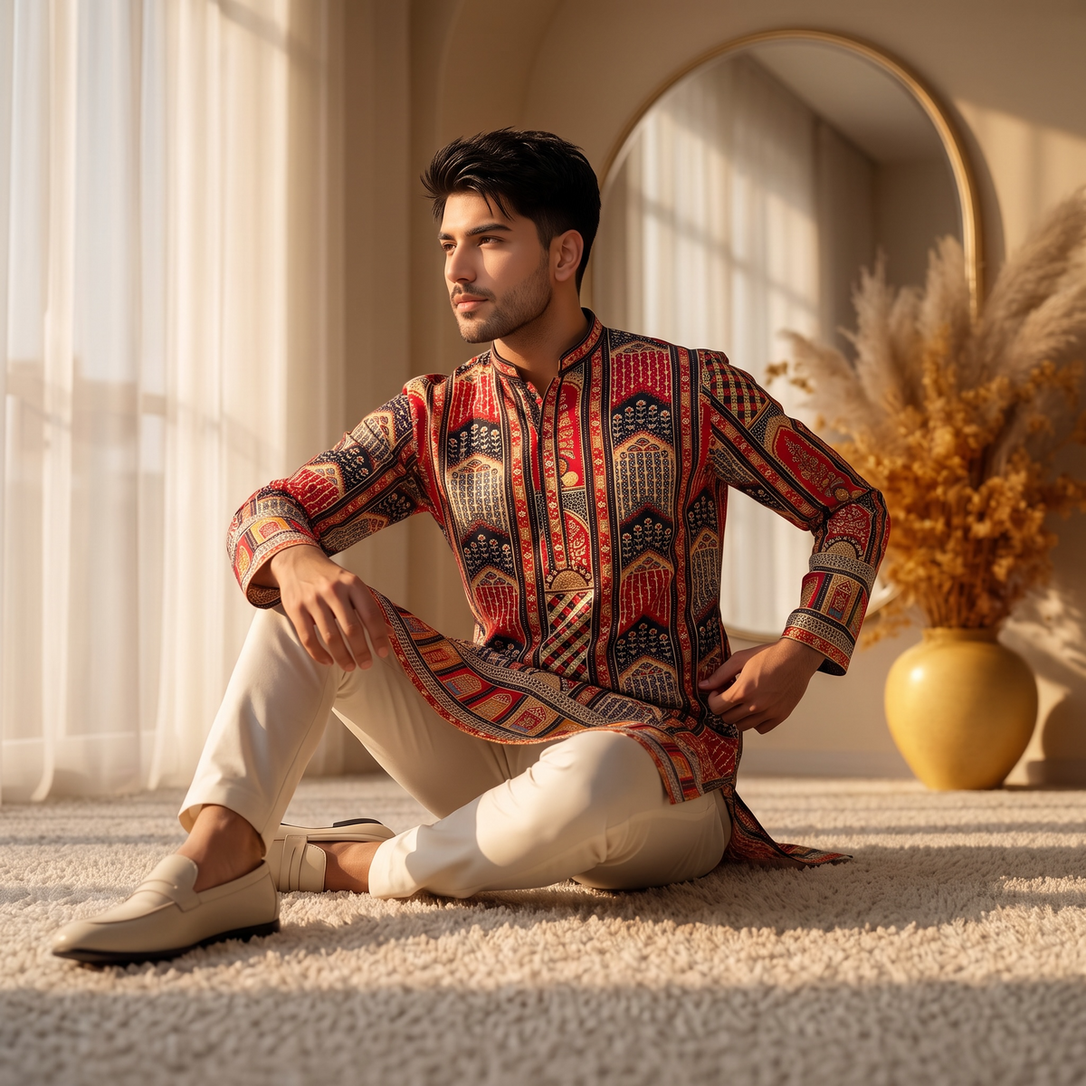 "Akshay" Premium digital printed kurta with thread embroidery.