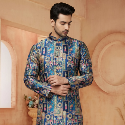 "Reyansh" Premium jacquard silk digital printed kurta with lining.