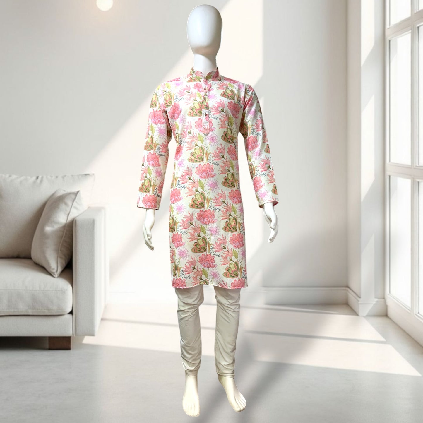 "Kavish" Premium floral digital and foil printed linen kurta.