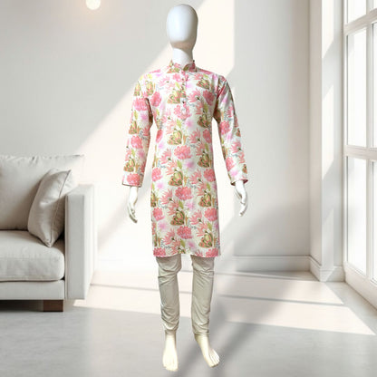 "Kavish" Premium floral digital and foil printed linen kurta.