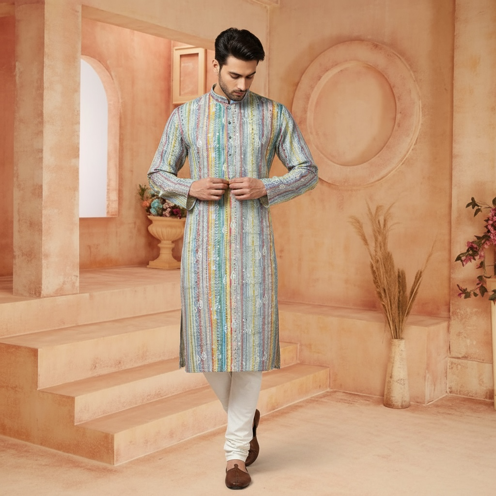 "Luv" Premium digital printed fabric with thread and sequins embroidery.