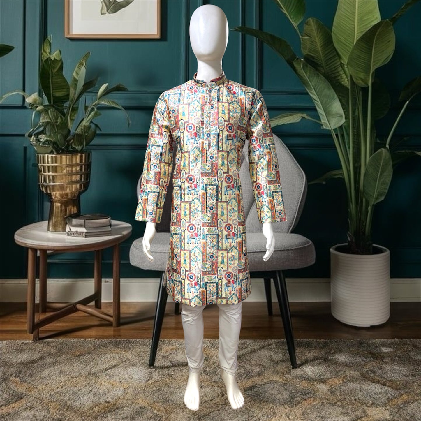 "Reyansh" Premium jacquard silk digital printed kurta with lining.
