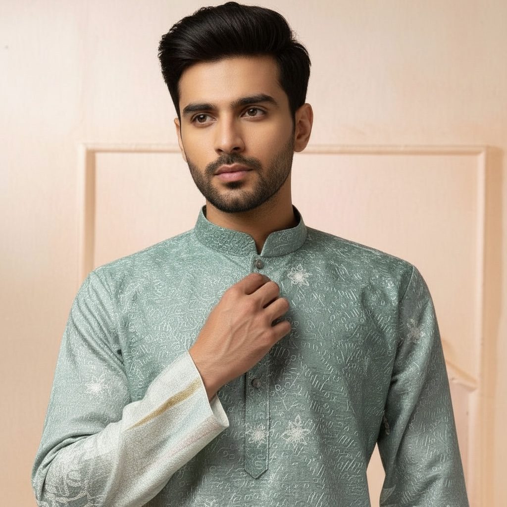 "Ojas" Premium digital printed kurta in border with thread embroidery.