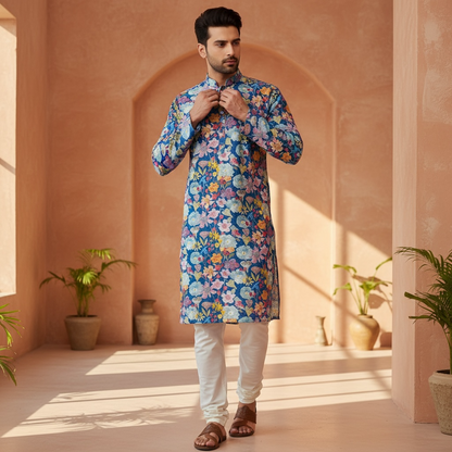 "Dev" Blue Floral Embroidered Cotton Kurta for Men with Thread & Sequins Work