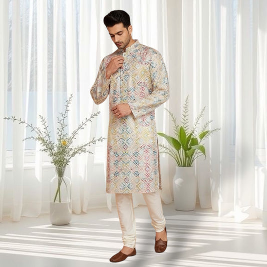 "Naksh" Premium digital printed cotton kurta with thread and sequins embroidery.