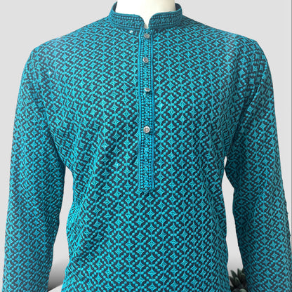 "Jairaj" Premium black rayon kurta with contrast thread work.