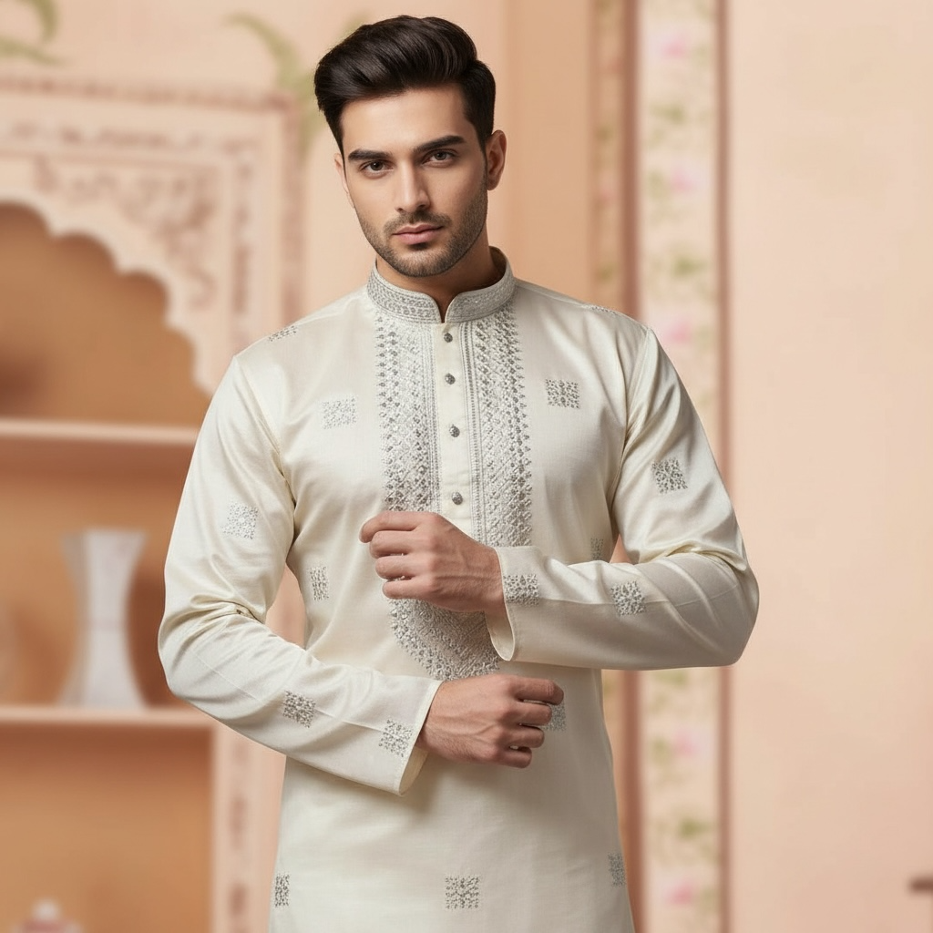 "Dushyant" Premium shaded cotton silk kurta with beautiful embroidery and lining.
