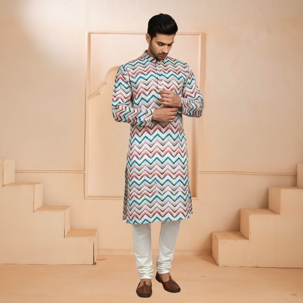 "Vihaan" Printed kurta with thread and sequins embroidery.