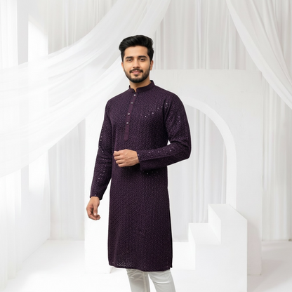 "Jairaj" Premium black rayon kurta with contrast thread work.