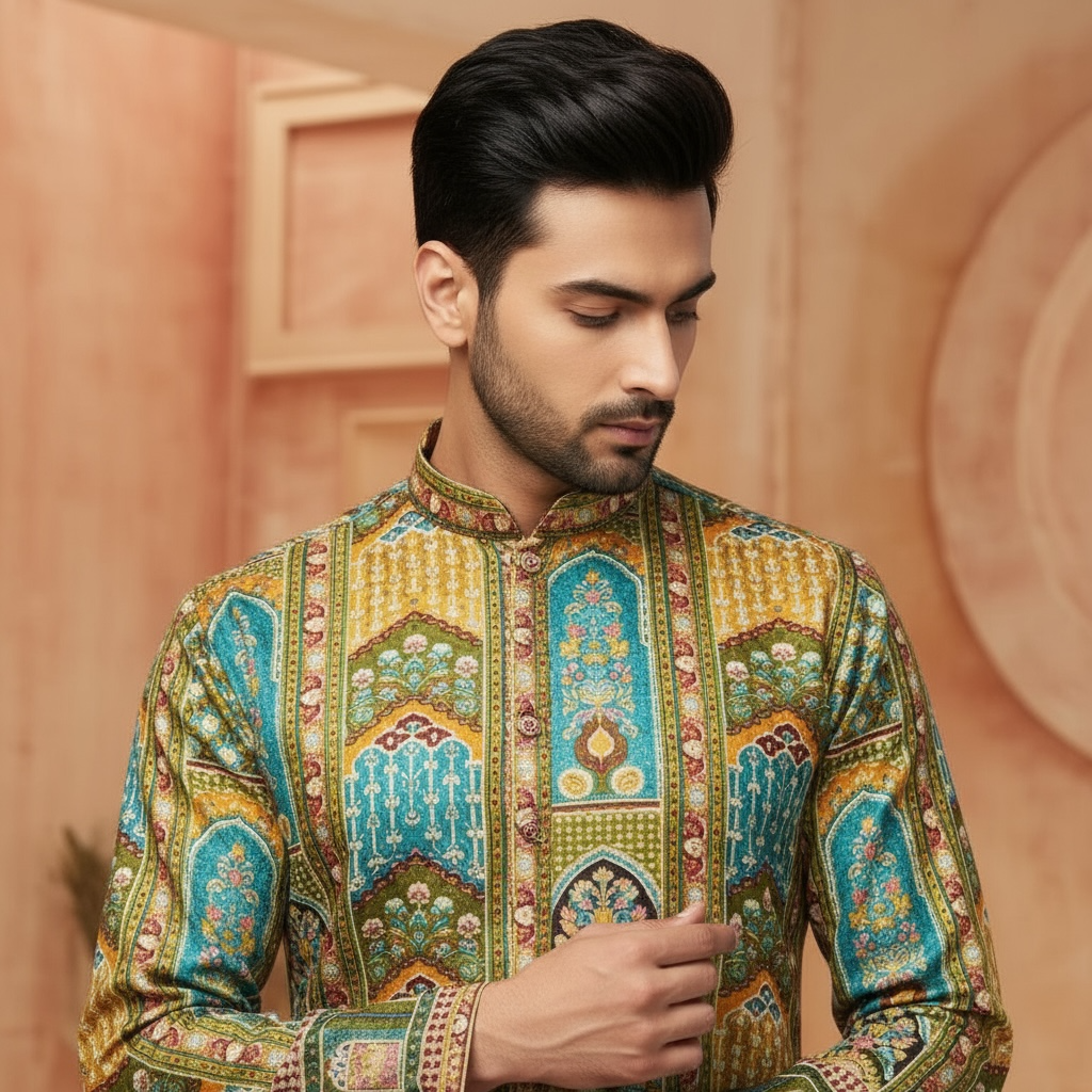 "Akshay" Premium digital printed kurta with thread embroidery.