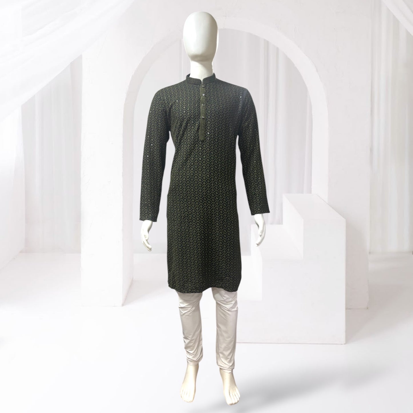 "Jairaj" Premium black rayon kurta with contrast thread work.