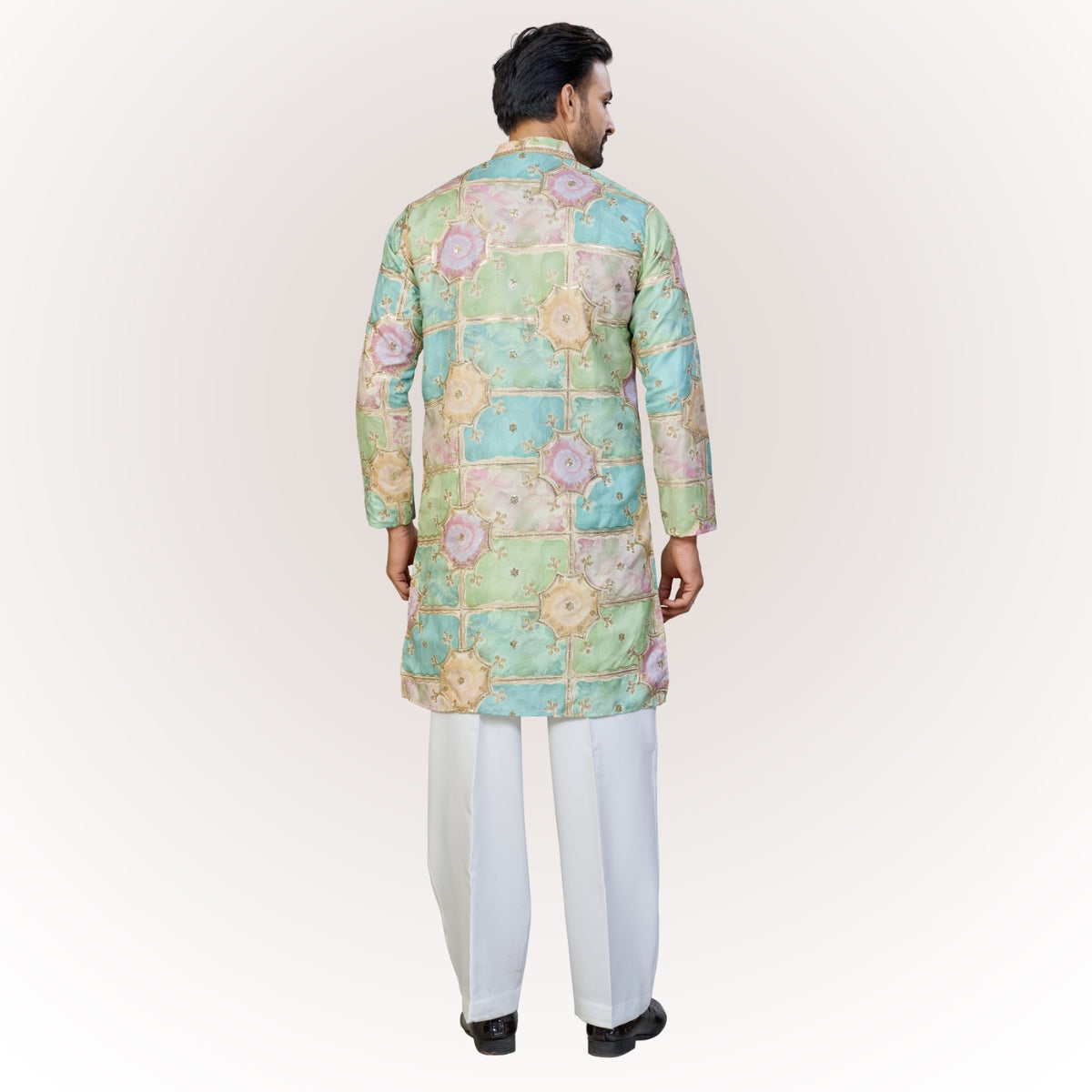 "Anay" Premium digital printed v neck kurta with thread and sequins embroidery.(wide pants included)