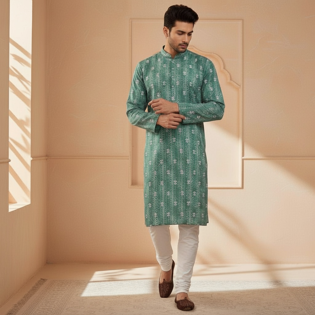 "Jash" Premium digital printed kurta with white thread embroidery butti and lining.