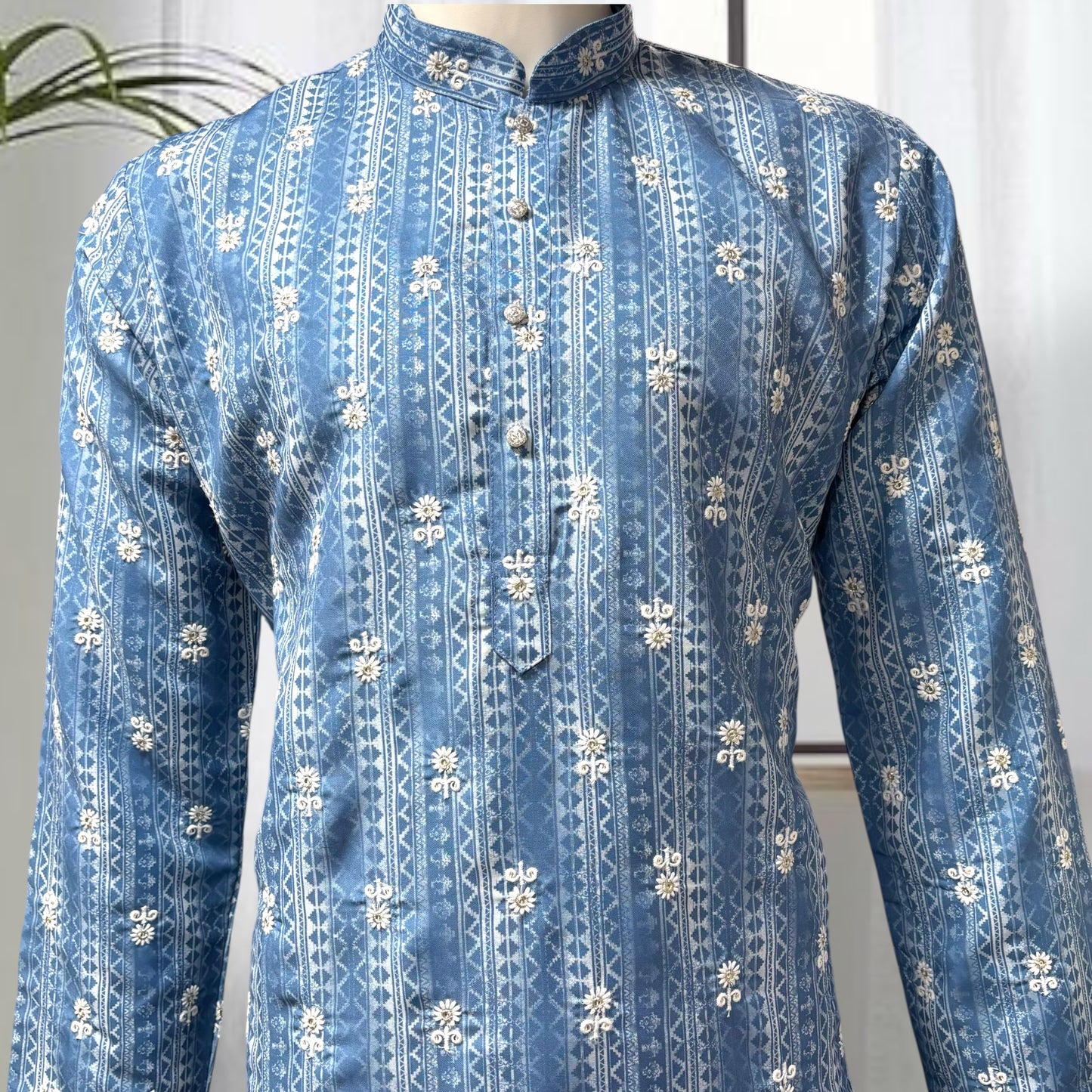 "Jash" Premium digital printed kurta with white thread embroidery butti and lining.