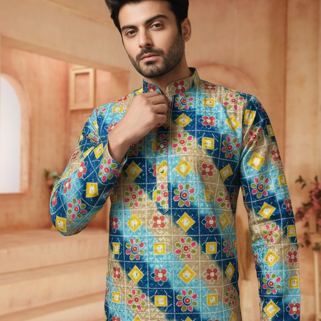 "Kushal" Premium digital printed kurta with thread and sequins work.