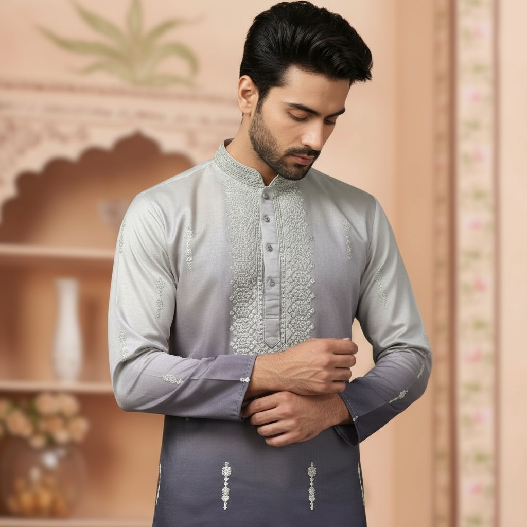 "Tanmay"  Premium shaded cotton silk kurta with beautiful embroidery and lining.