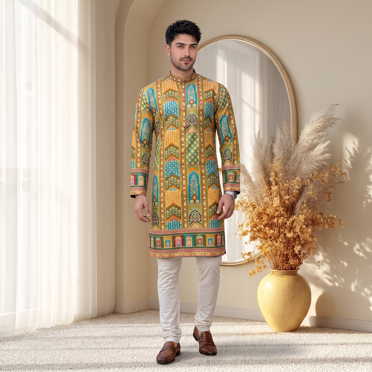"Akshay" Premium digital printed kurta with thread embroidery.