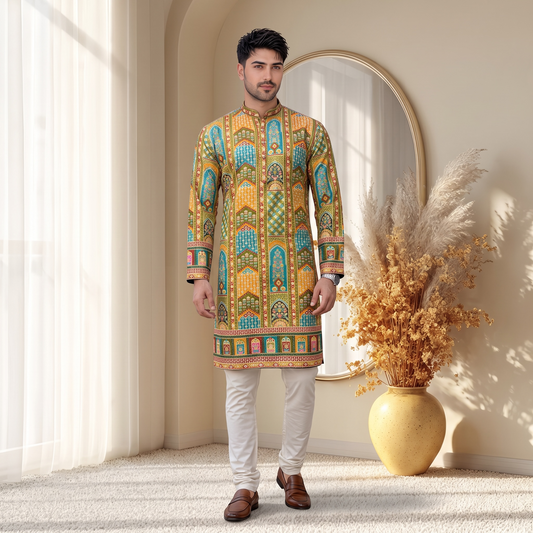"Akshay" Premium digital printed kurta with thread embroidery.
