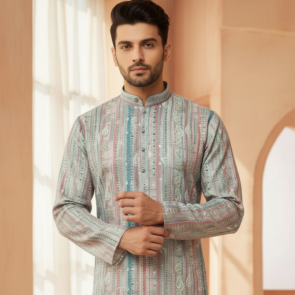 "Luv" Premium digital printed fabric with thread and sequins embroidery.