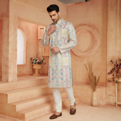 "Naksh" Premium digital printed cotton kurta with thread and sequins embroidery.