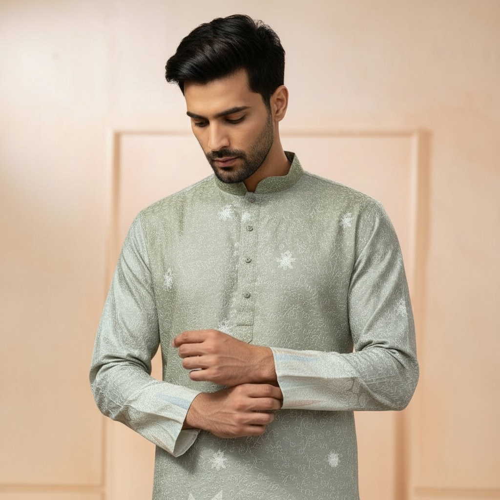 "Ojas" Premium digital printed kurta in border with thread embroidery.