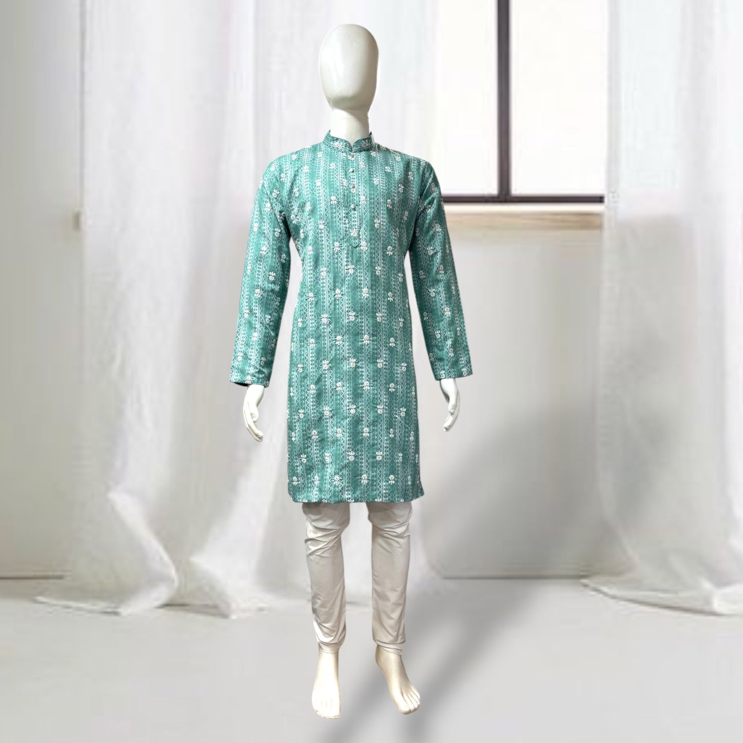 "Jash" Premium digital printed kurta with white thread embroidery butti and lining.