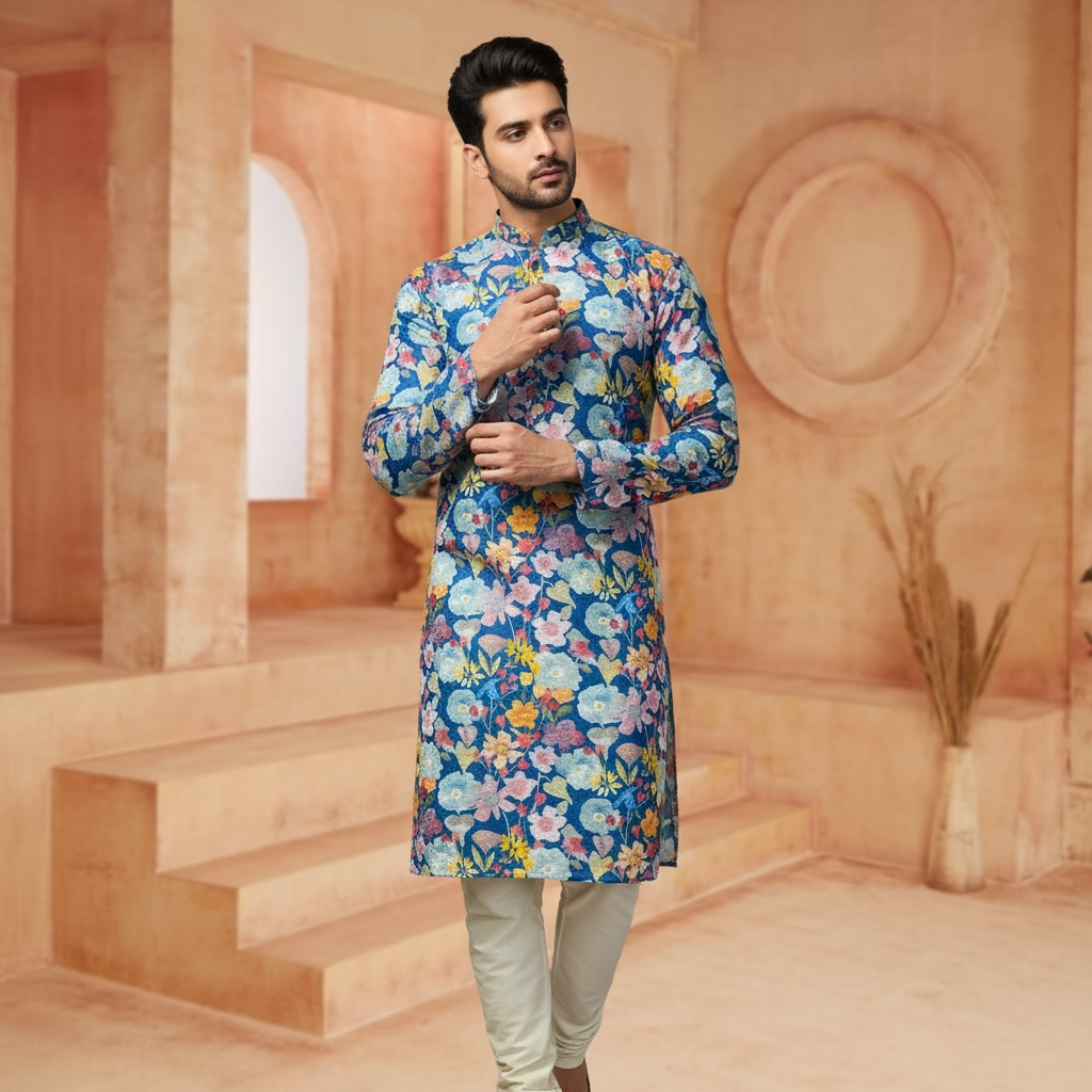 "Dev" Blue Floral Embroidered Cotton Kurta for Men with Thread & Sequins Work