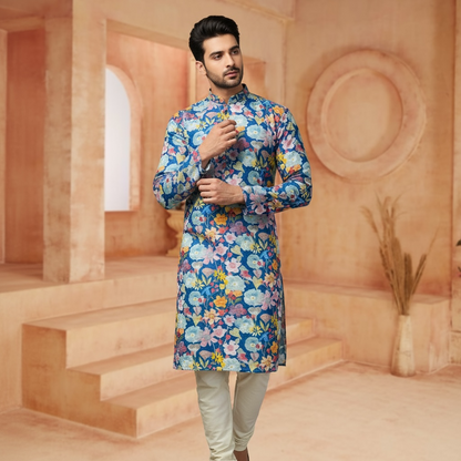 "Dev" Blue Floral Embroidered Cotton Kurta for Men with Thread & Sequins Work